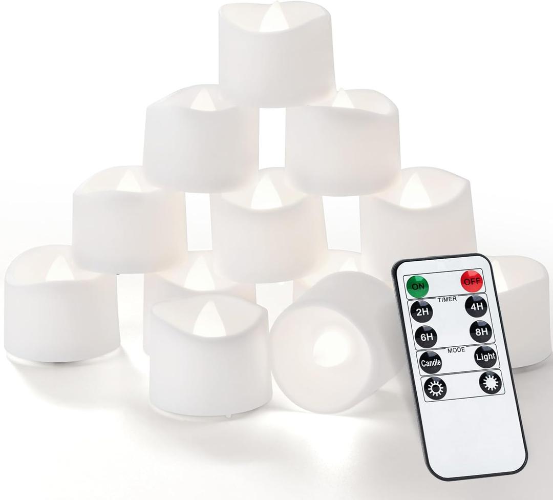 Homemory 12pcs Remote Timer LED Tea Lights Candles, 400+Hours Flickering Flameless Battery Votive Tealights for Tabletop Lighting, Centerpieces Decor, Holiday (Cool White Glow, White Base)