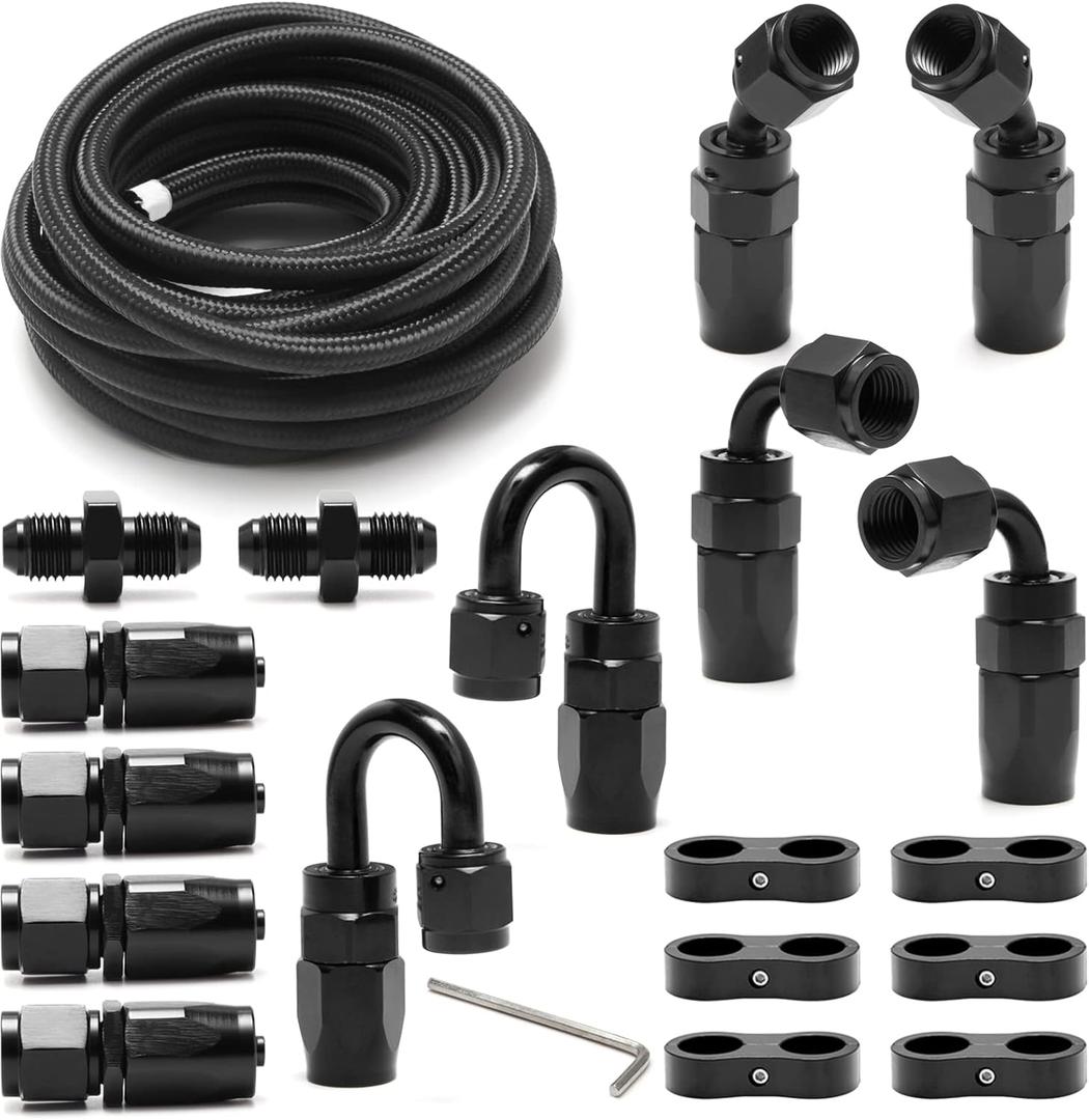 4AN Fuel Line Kit - 10FT Nylon Stainless Steel Braided Fuel Hose + 10pcs Hose Fitting Kit + 6pcs Separator Clamp + 2pcs Coupler Adapter (4AN-10FT)