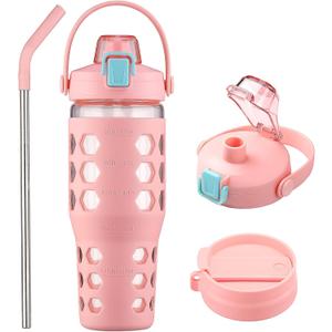 MUKOKO 32 oz Glass Tumbler with Straw,Glass Water Bottles with Time Marker,Iced Coffee Cup with 2 Lids-Handle Spout Lid&Straw Lid,Silicone Sleeve,Leakproof,1 Pack-Pink