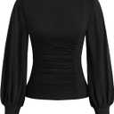 KIRUNDO Blouses for Women Dressy Casual 2026 Fall Ruched Puff Long Sleeve Shirts Mock Neck Underscrub Fitted Trendy Tops, XXL