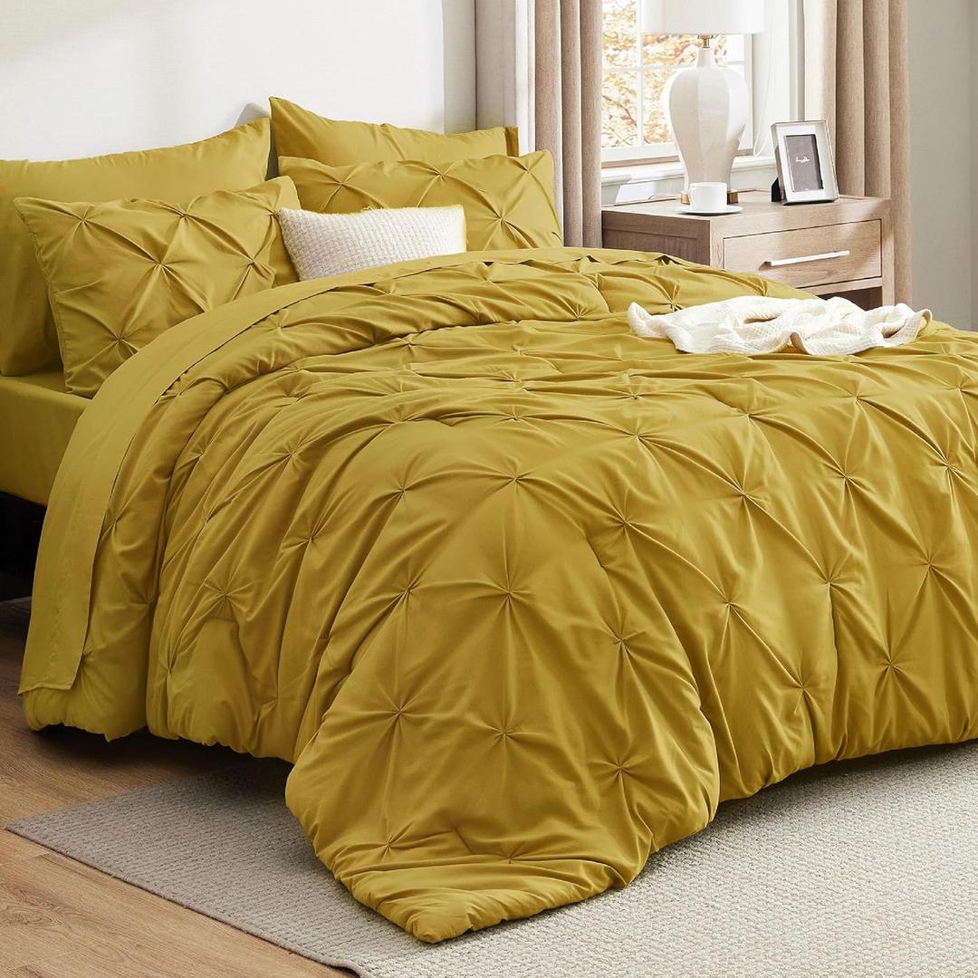Bedsure Full Comforter Set Mustard Yellow - Bed in a Bag Full Size Bedding Set 7 Pieces, GentleSoft Pintuck Bed Set Gift for Family, Pinch Pleat All Season Comforter with Sheets, Pillowcases & Shams