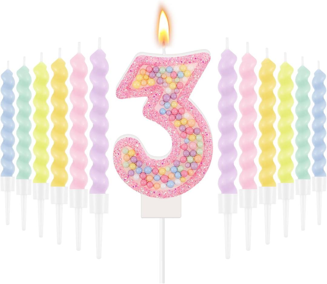 MTLEE Number 3 Birthday Candle with 12 Pcs Spiral Candles for Girls Macaron Pastel Rainbow Unicorn Pink Cake Topper for Sweet Theme Party Decoration