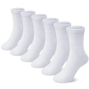 SEEKSOCK 6 Pairs Kids Crew Socks Boys Girls Unisex Athletic Classics Cotton School Uniform Striped Socks, White, 9-12 Years