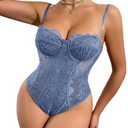 WADAYUYU Blue Lace Corset Bodysuit for Women Sexy Underwire Bustier Top Floral Lace Shapewear Bodysuit One Piece Corset Top for Women Night Out Club Outfit Sexy Lingerie M