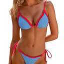 MakeMeChic Women's Summer Gingham 2 Piece Bikini Set Halter String Triangle Swimsuit Beach Vacation Swimwear Blue and Red, Medium