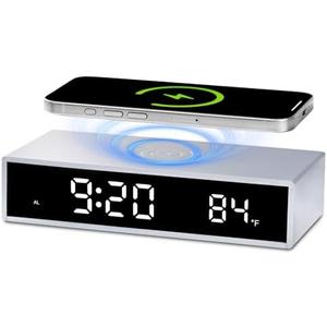 Digital LED Alarm Clock with Wireless Charging,15W Fast Wireless Charger for Smart Phone for iPhone/Samsung, Nighttime Mode Adjustable Brightness Snooze, Clock for Bedroom Living Room Office, Silver
