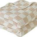 Ultra Soft Cozy 6-Layer Muslin 100% Cotton Checkered Throw Blanket Breathable Lightweight Checkboard Bed Blankets Decorative for Sofa Bed All Seasons Both Sides (Cream, Throw 50"x60")