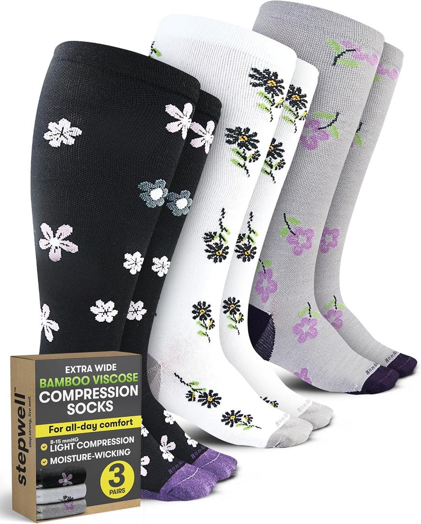 STEPWELL Extra Wide Bamboo Viscose Compression Socks (8-15mmHg) - 3-Pack