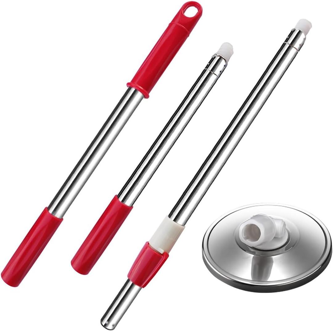 Extended Spin Mop Replacement Mop Handle, Upgraded 60-inch 360 Degrees Rotating Telescopic Replacement Mop Stick for Spin Mop Bucket Cleaning System (Stainless Steel Disc, Red)