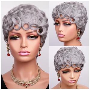 Grey Short Curly Pixie Cut Wigs Remy Human Hair for Black Women, Silver Grey Deep Wave 100% Human Hair Pixie Wig Wear and Go Glueless Layered Curly Wavy Pixie Cut Edgy Old Lady Cosplay Wig With Bangs