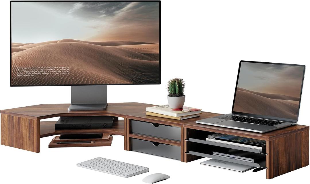 Fenge Dual Monitor Stand, Corner Desk Shelf with Drawer & Slide-Out Tray Modular Design for Flexible Layouts, 2-Tier Storage Desktop Organizer for Computer, Laptop, Printer and Telephone, Brown, 43.8 x 9.3 x 5.3 inches