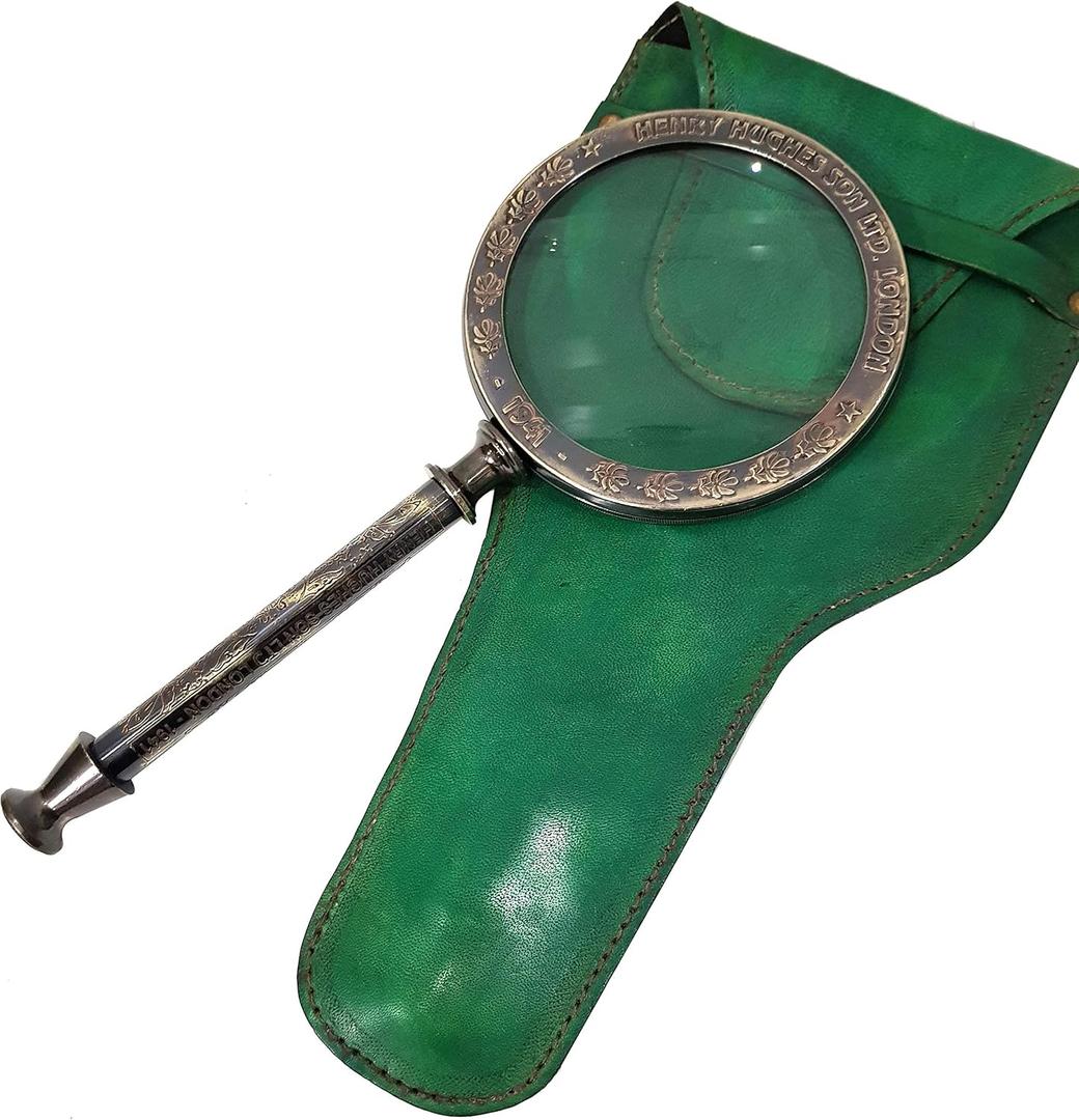 Vintage Henry London Brass Magnifying Glass Green Leather Case Nautical Marine Handheld Antique Desk Decor Educational Instrument Collectible