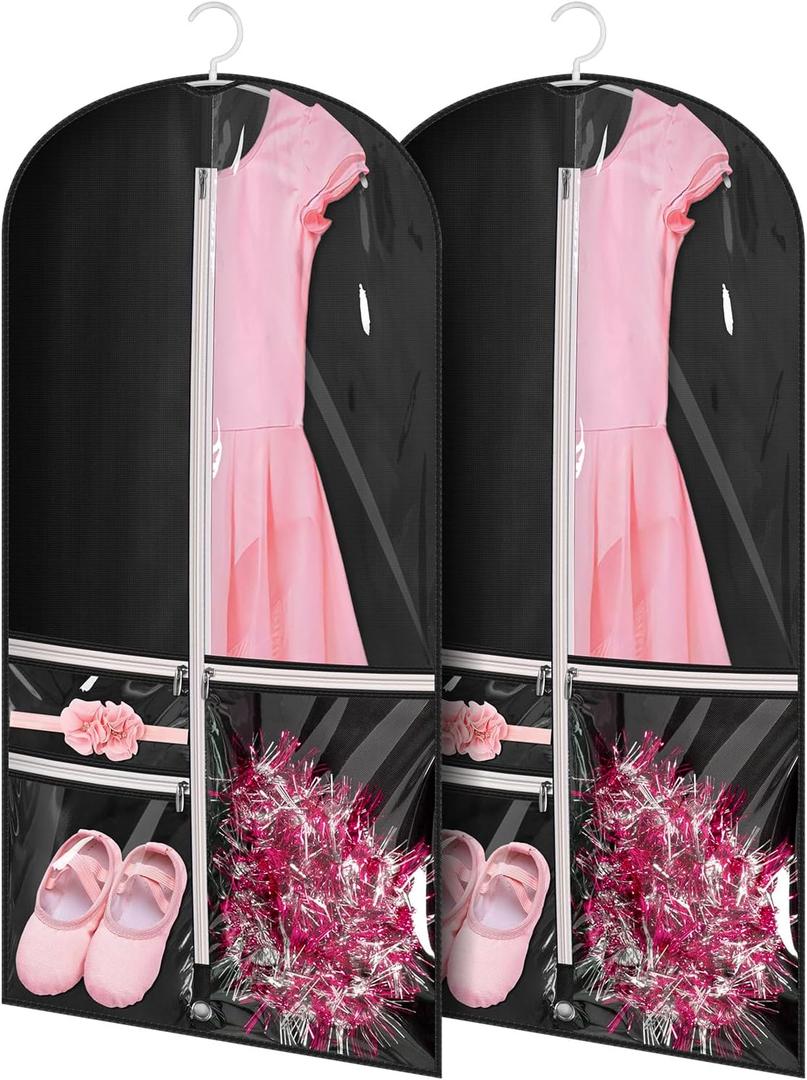 Kimbora Costume Dance Garment Bag with 3 Clear Zipper Pockets for Suits Dress Cover, Travel Storage & Competitions, Set of 2 (Black)