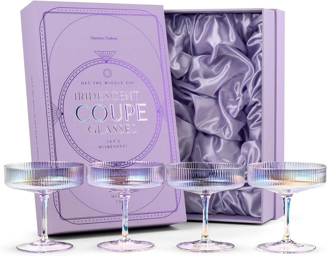 GLASSIQUE CADEAU Vintage Art Deco Iridescent Coupe Glasses | Set of 4 | 7 oz Rainbow Colored Cocktail Glassware for Drinking Champagne, Martini, Cosmo | Crystal Speakeasy Style Saucers