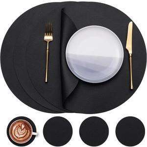 Myir JUN Round Placemats Set of 4 Faux Leather Place Mats and Coasters 15 inch Round Table Mats Dual Sided Non-Slip Stain Resistant Placemats (Black 01, Set of 4)