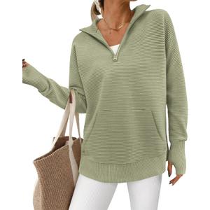 BTFBM Sweaters for Women Fall Clothes 2026 Pocket Quarter Zip Pullover V Neck Long Sleeve Knit Trendy Winter Sweater (X-Large, Light Green)