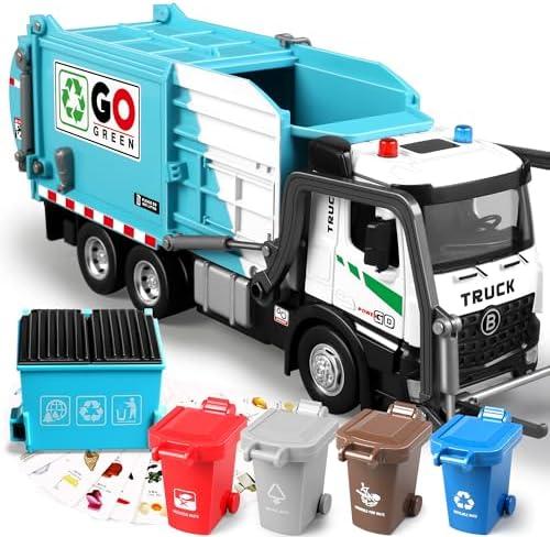 Dwi Dowellin 12'' Electric Garbage Truck Toy Set with Lights/Sounds,Includes Dumpster, Trash Bins, and Learning Cards for Kids, Toy Gifts for 3 4 5 6 Year Old Boys(Blue)