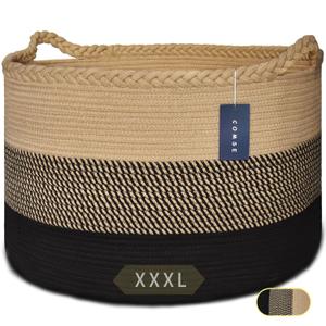 COMSE Extra Large Blanket Basket, Woven Laundry Basket, 21.7x 13.8, Nursery Hamper, Cotton Rope Laundry Hamper Living Room for Storage Toys Clothes Towels (Brown & Black)