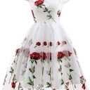 Women Vintage Off Shoulder Rose Embroidered Floral Evening Dress V Neck Short 3/4 Sleeves Wedding Cocktail A Line Midi Gown, S