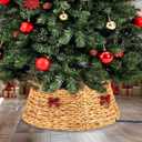 VBNVBN Rattan Christmas Tree Collar 24in Rustic Farmhouse Tree Skirt Christmas Tree Ring with Bow Hand Woven Hyacinth Base Cover for Christmas Decoration Accessory for Home, Living Room(Large)