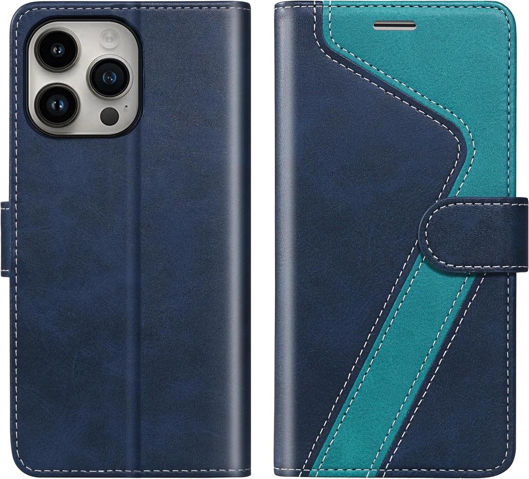 for iPhone 16 Pro Wallet Case,PU Leather Flip Case RFID Blocking Credit Card Holder Folio Magnetic Stand TPU Shockproof Cover Compatible with iPhone 16 Pro, Blue Green