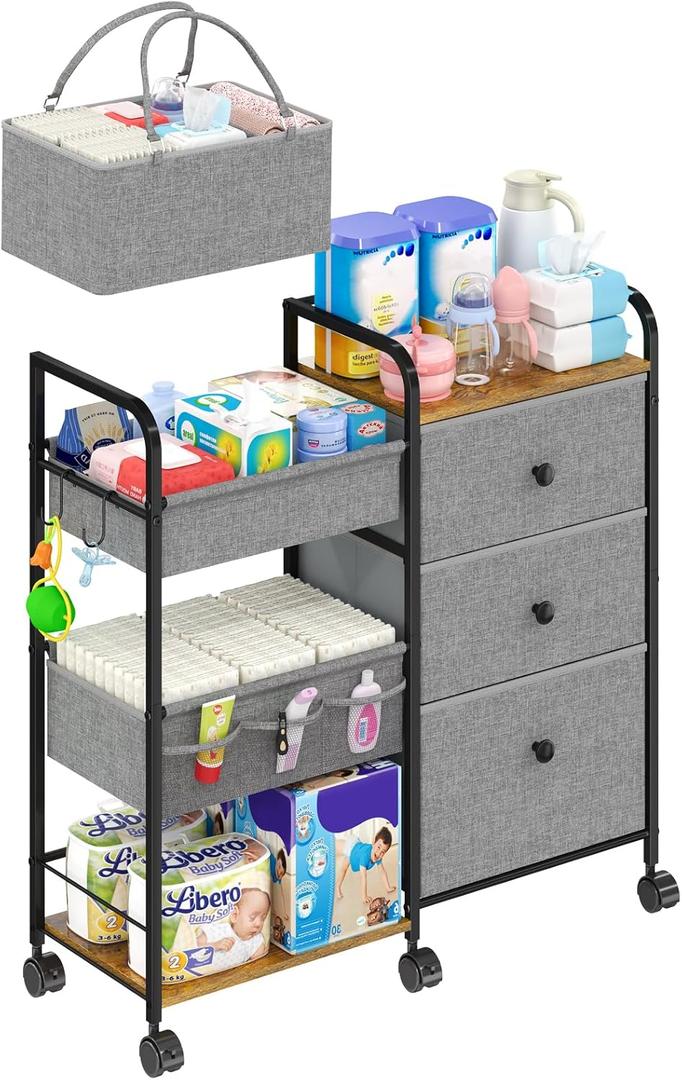 Cidaziya 2In1 Baby Diaper Caddy Organizer and Storage, 3 Tier Rolling Cart with Dividers and Drawers, Mobile Utility Cart Baby Dresser Clothes Organizer for Changing Table, Crib Nursery, Bedroom, Grey 32.48"W x 11.42"D x 33.5"H