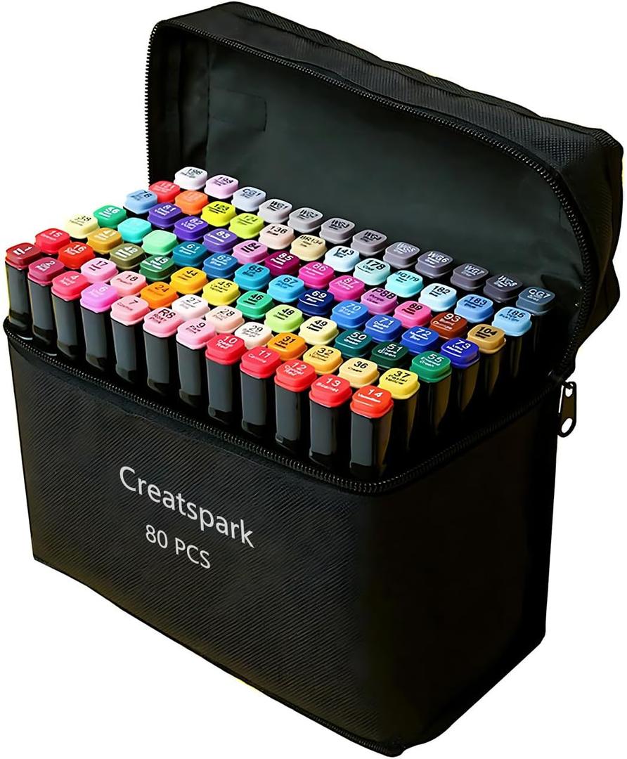 CREATSPARK Alcohol Markers 80 Colors with Base Dual Tip Art Drawing Markers for Anime Sketch Illustrations - Refillable