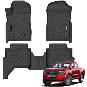 NIKALAIKA Floor Mats for 2024 2025 Ford Ranger SuperCrew All Weather Protection TPE Rubber Floor Liners for Ford Ranger 2024 2025 Accessories, Odorless Anti-Slip, 1st & 2nd Row, Black