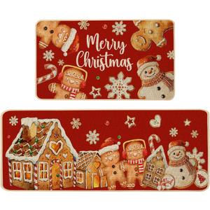 Baccessor Christmas Gingerbread Kitchen Rugs Set of 2,Red Gingerbread House Xmas Winter Snowman Kitchen Mats Washable Non Slip for Floor Hallway Laundry Sink Holiday Home Decor 17x29 and 17x47 Inch