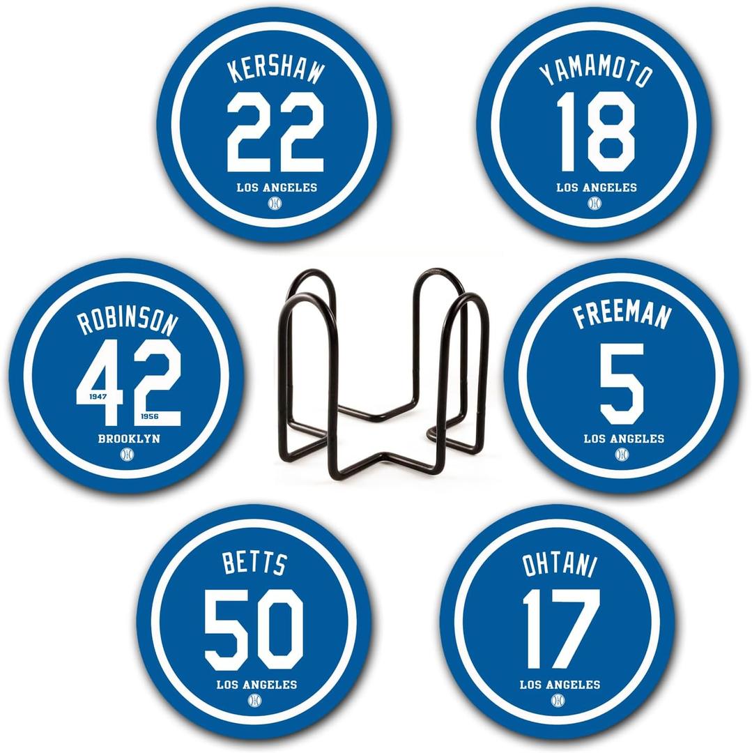Dodger Coasters for Drinks, Los Angeles LA Baseball Ceramic Coasters Set of 6, Dodger Gift for Man, for Dodger Coffee Mug Cup (Team 2)