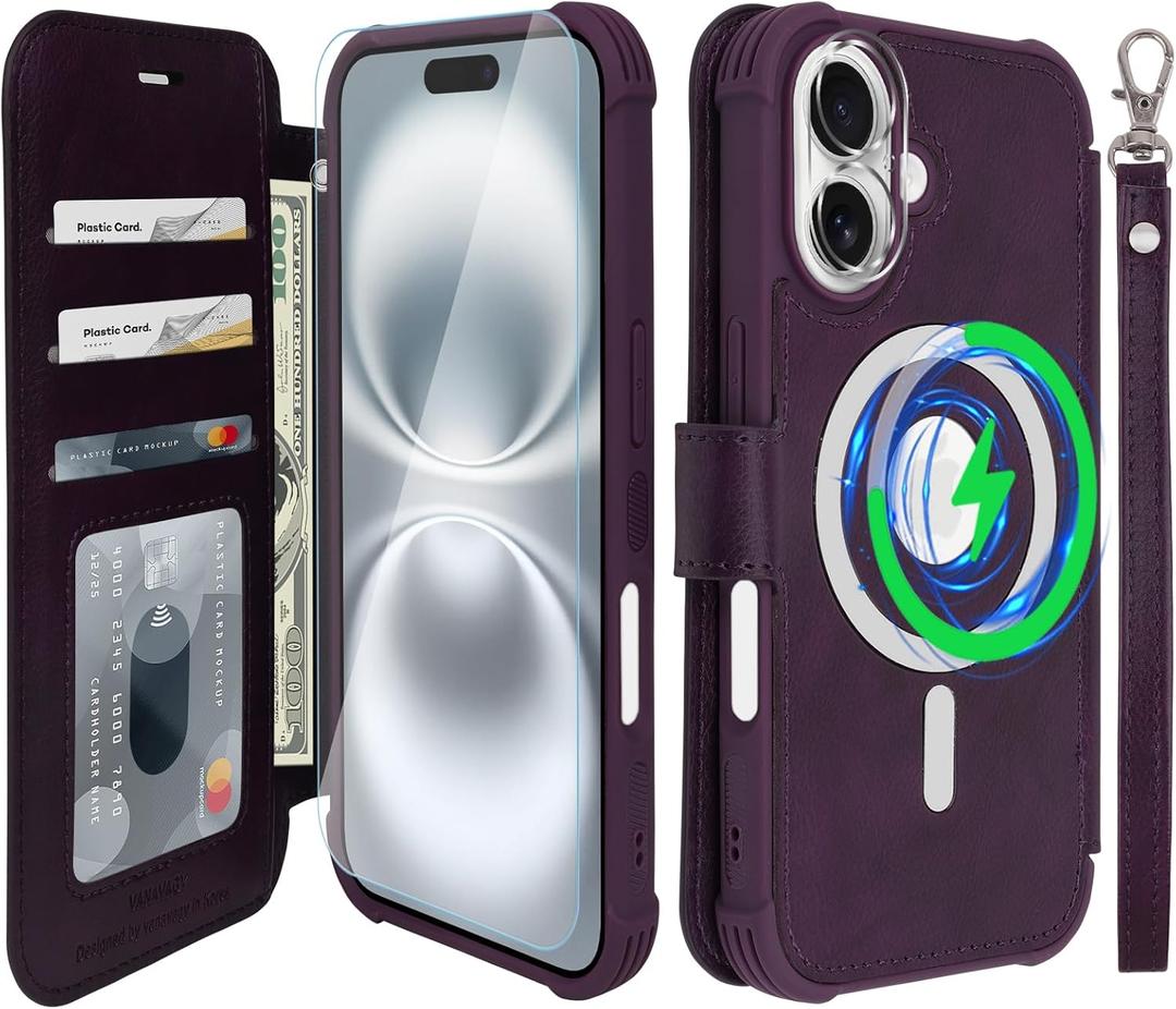 VANAVAGY Compatible for iPhone 16 Wallet Case for Magsafe Wireless Charging, PU Leather Flip Folio Wrist Strap [Screen Protector & Camera Lens Protector] with RFID Block Card Holder,Purple