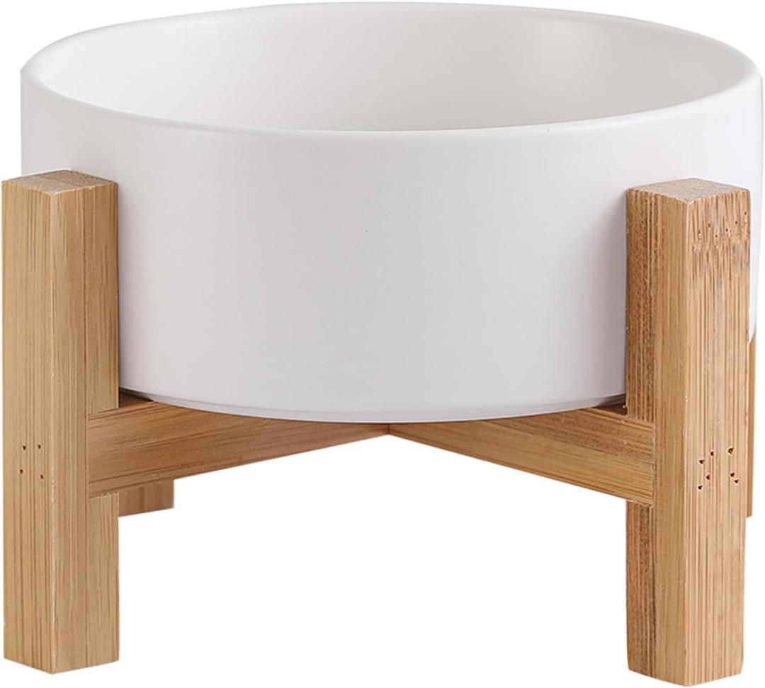 Elevated Ceramic Cat Bowl - Cat Food Bowl with Bamboo Stand - Raised Dog Dish for Puppies - Anti Vomiting, Stress Free - 13.5 oz / 400 ml - White (Small)