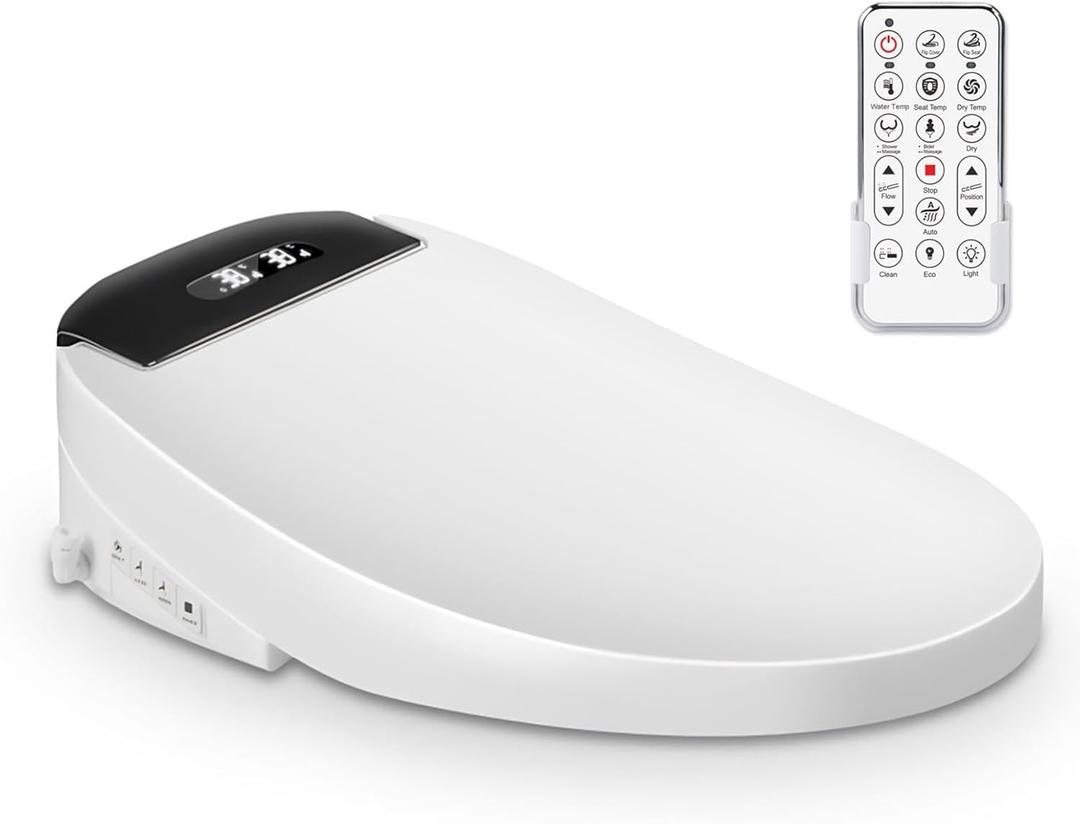 Electric Smart Toilet Seat Bidet with Slow Close Lid Cover, Instant Heated Seat, LCD, Adjustable Water Pressure & Temperature, Dual Positions, Self-Cleaning Nozzle, Night Light- Round