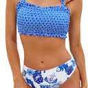 SEAFORM Bikini Set for Women Two Piece Bathing Suits Bandeau Top Mid Waisted Bottom Floral Bathing Suits with Removable Pads (Small, Blue)