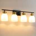 KAISITE Black and Gold Vanity Light for Bathroom 4-Light Bathroom Vanity Light Over Mirror Mid Century Modern Vanity Lighting Fixture with Milk Glass Shades Restroom Light(Exclude Bulbs) (Black&Gold+Milky White Shades)