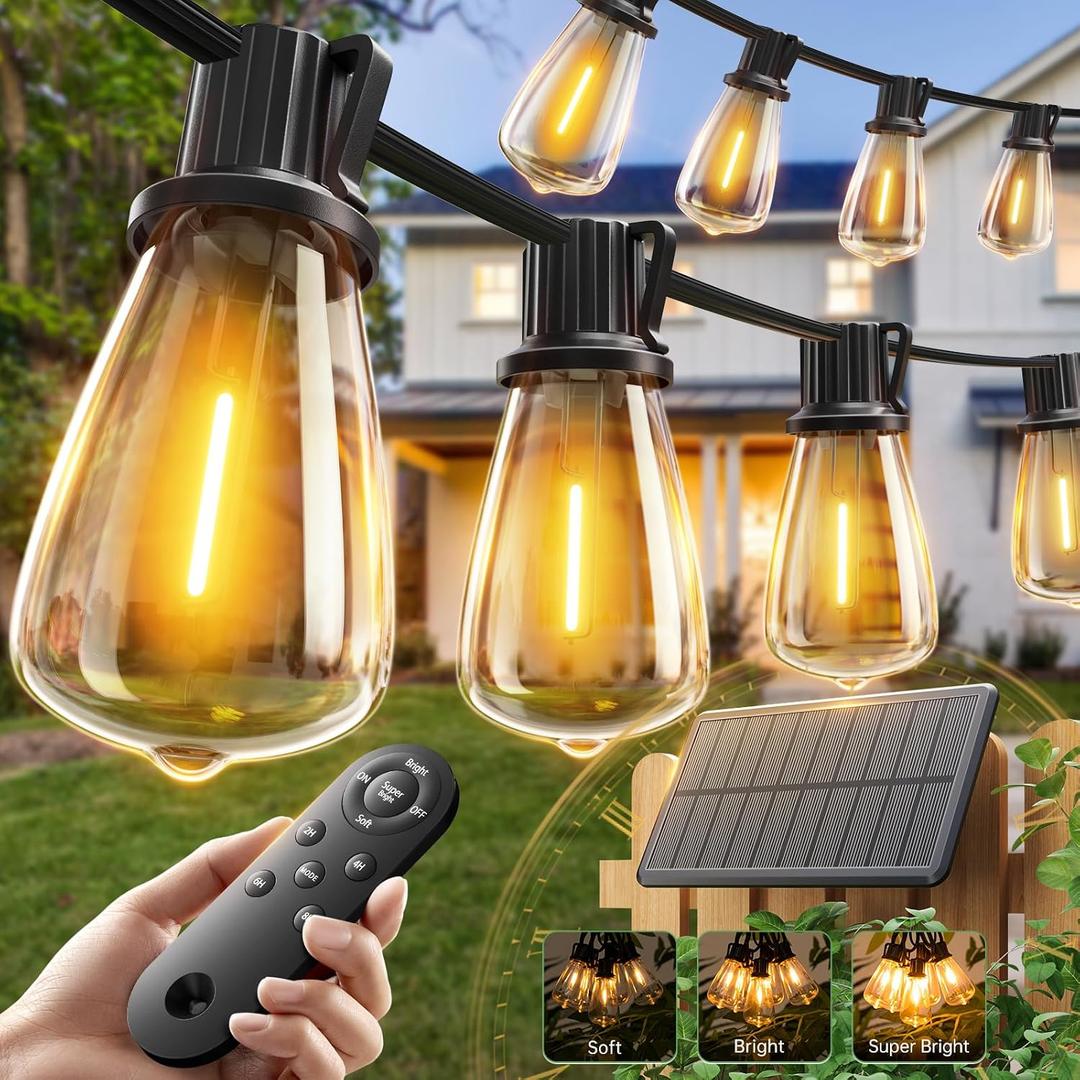 addlon 52(48+4) FT Solar String Lights Waterproof,Patio Lights Solar Powered with Remote & USB Port 16+1 LED Shatterproof Bulbs 3 Light Modes, Dimmable Solar Light for Camping Backyard Garden