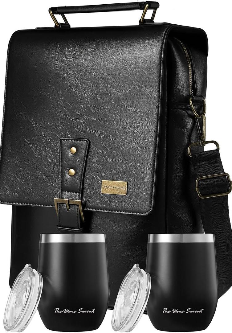 2 Bottle Insulated Wine Tote Bag with Tumblers, Leather Carrier Purse with Dividers, Leakproof Cooler, Adjustable Shoulder Strap & Pockets, Travel, Picnic, Beach, Hiking, Gift for Men & Women