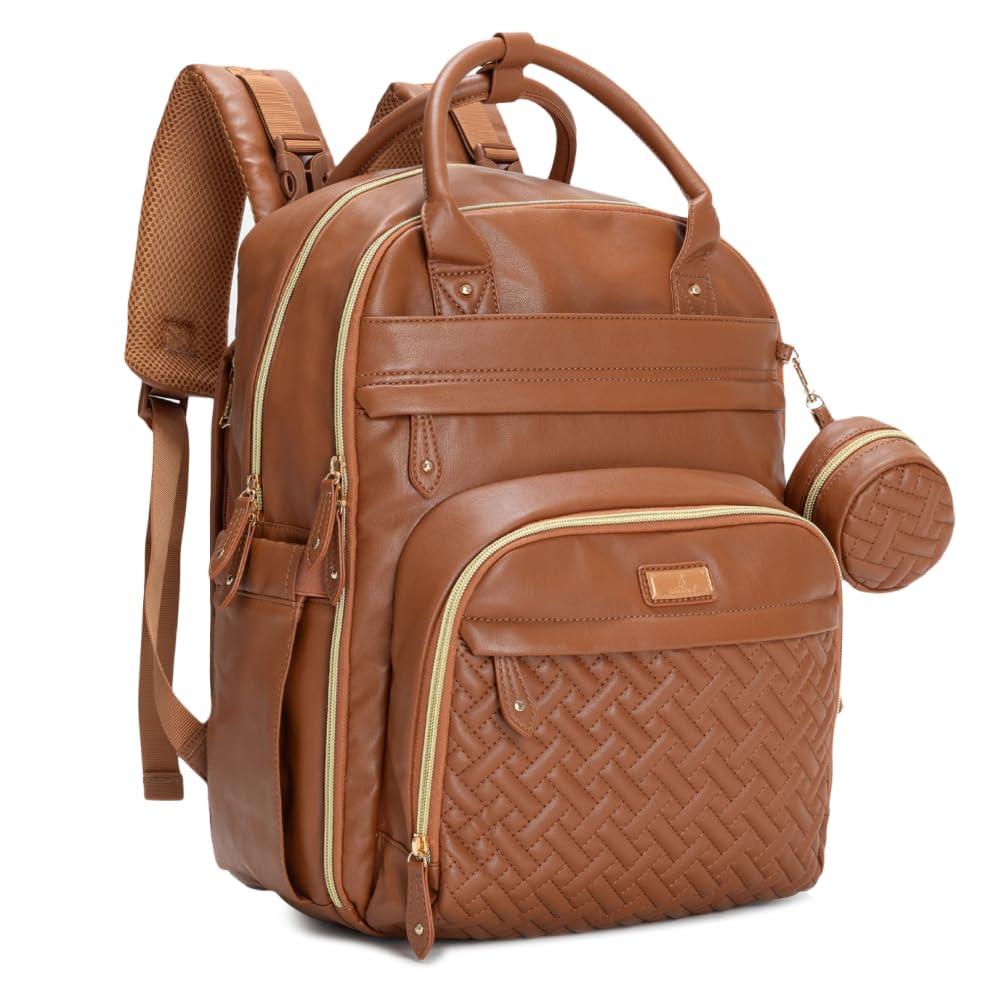 BabbleRoo Leather Diaper Bag Backpack - Baby Essentials Travel Baby Bag, Multi function, Water Resistant, with Changing Pad, Stroller Straps & Pacifier Case Unisex, Natural Brown