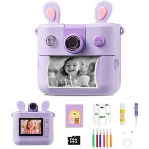 ORGSTA Kids Instant Print Camera for Boys and Girls 1080P HD Toddler Digital Camera with 3 Rolls Print Paper&32G Card, Christmas Birthday Gift Toys for Age 3-16 Kids Portable Travel Digital Camera Toy (Purple)