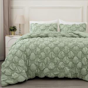 PHF Marshmallow Puff Comforter Set King Size, 3 Pieces Ultra Soft Lightweight Bedding Set for All Season, Pattern Textured 1 Comforter with 2 Pillow Shams, Sage Green
