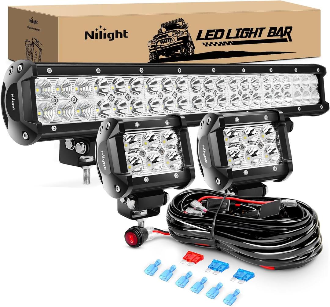 Nilight - ZH002 20Inch 126W Spot Flood Combo Off Road Led Light Bar 2PCS 18w 4Inch LED Pods With 16AWG Wiring Harness Kit-3 Lead For Tractor