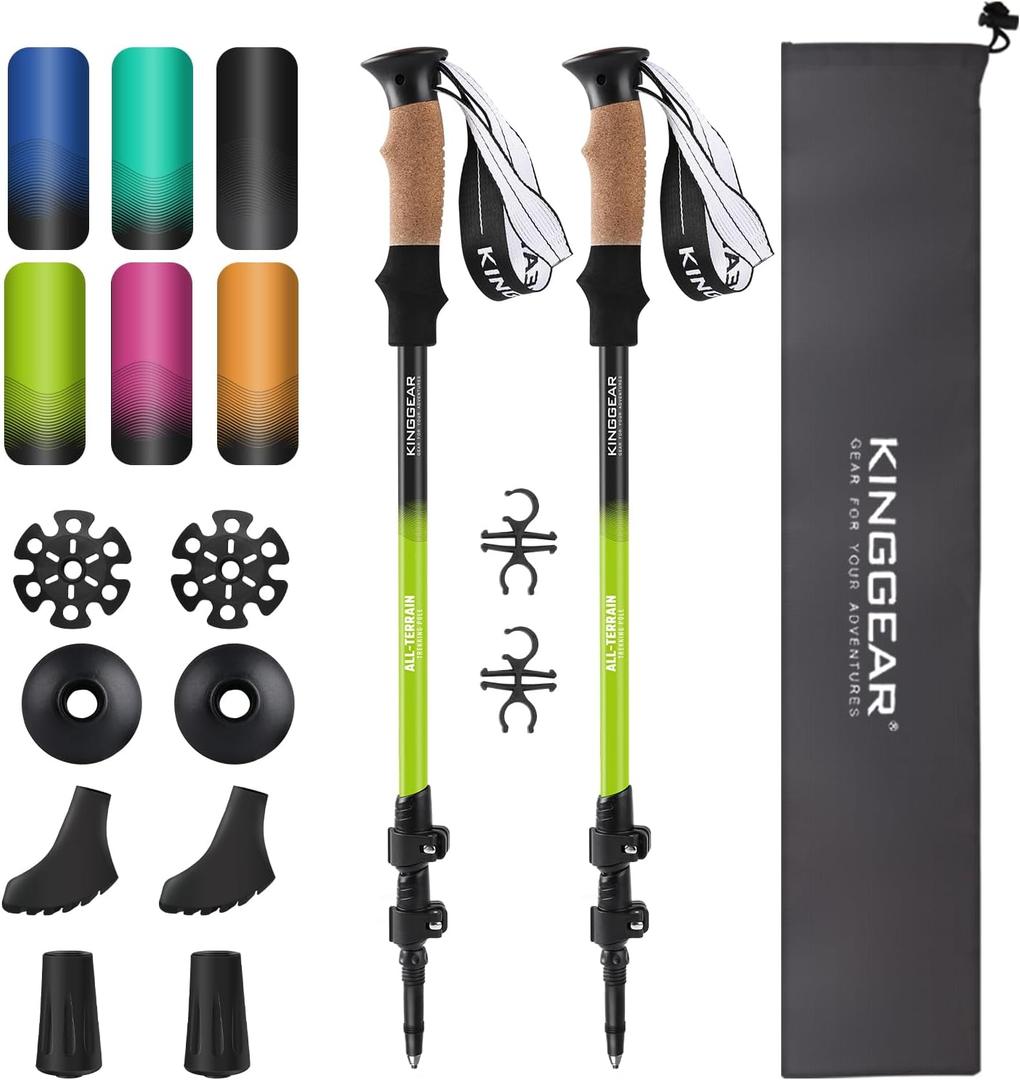 KINGGEAR Nordic Walking Stick, TP1 Hiking Poles Retractable Lightweight 7075 Aluminum, Trekking Poles with Flip Lock, Natural Cork and EVA Grip, 2pc Hiking Gear (Green)