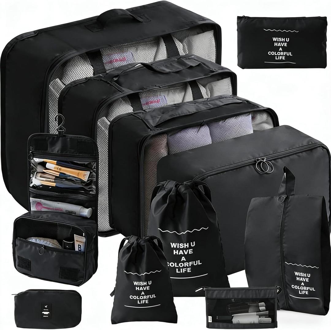 11 Set Packing Cubes for Travel Essentials, Suitcase Organizer Bags for Airplane Road Trip Camp - Black