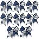 8 PCS Large Glitter Cheer Bows 8" Hair Bows Sparkly Cheerleading Softball Team Bow Hair Ponytail Holder Accessories for cheerleaders football Competition Sports- Silver Navy Blue White
