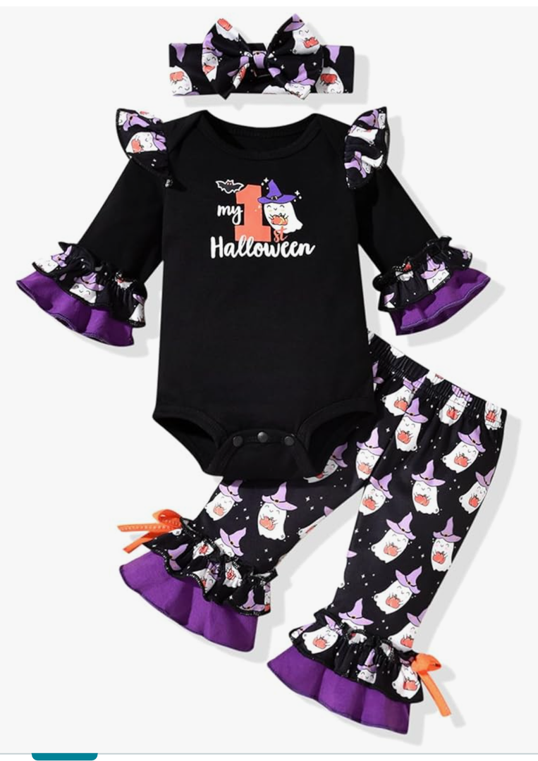 HINTINA Newborn Infant Baby Girl First Halloween Outfits Bodysuit Bell Bottom Pants Clothes Set With Headband