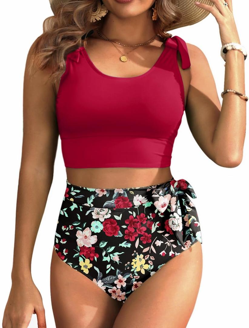 Two Piece High Waisted Swimsuits - Women Tummy Control Bikini Modest Bathing Suit 2PC 2025 (Large, Red and Floral)