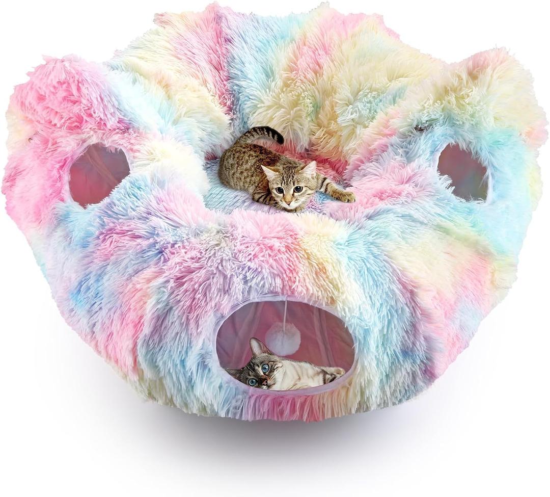 Cat Tunnel Bed, Collapsible Cat Tunnel with Washable Cushion,3-in-1 Multi-Functional Play Tunnel with Peek Holes & Ears, Indoor Playhouse for Cats Kittens Rabbits Small Dogs, Gift for Pet