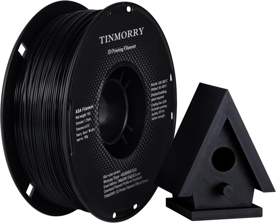 TINMORRY ASA Filament 1.75mm, High UV & Heat Resistant 3D Printer Filament, Durable & Toughness, Dimensional Accuracy +/- 0.03mm, Perfect for Printing Outdoor Functional Parts,1KG Spool, Black