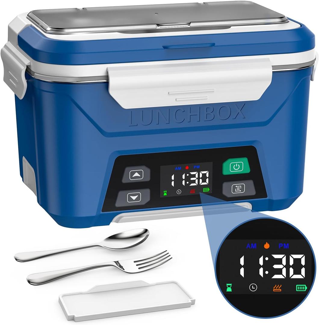 EAST OAK Cordless Electric Lunch Box for Adults, Heated Lunch Box Battery Powered with Automatic Heating, 5.5 Cups Portable Food Warmer with Removable Tray Divider (Blue)