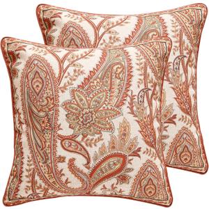 ISAENNE Design Linen Classic Vintage Throw Pillow Covers 18"x18" Pack of 2, Square Cushion Covers with Orange Yellow Paisley Style Pattern Decoration Pillowcases for Bed,Living Room,Outdoor,Car